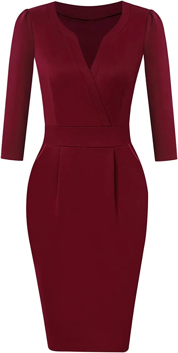 Burgundy Long Sleeve Women's V-Neck Work Business Bodycon Pencil Dress - MISSKY