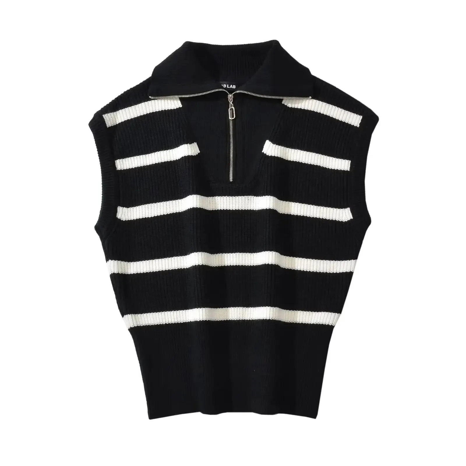 Omena Stripe Zipper Turtleneck Sleeveless Knit Tops