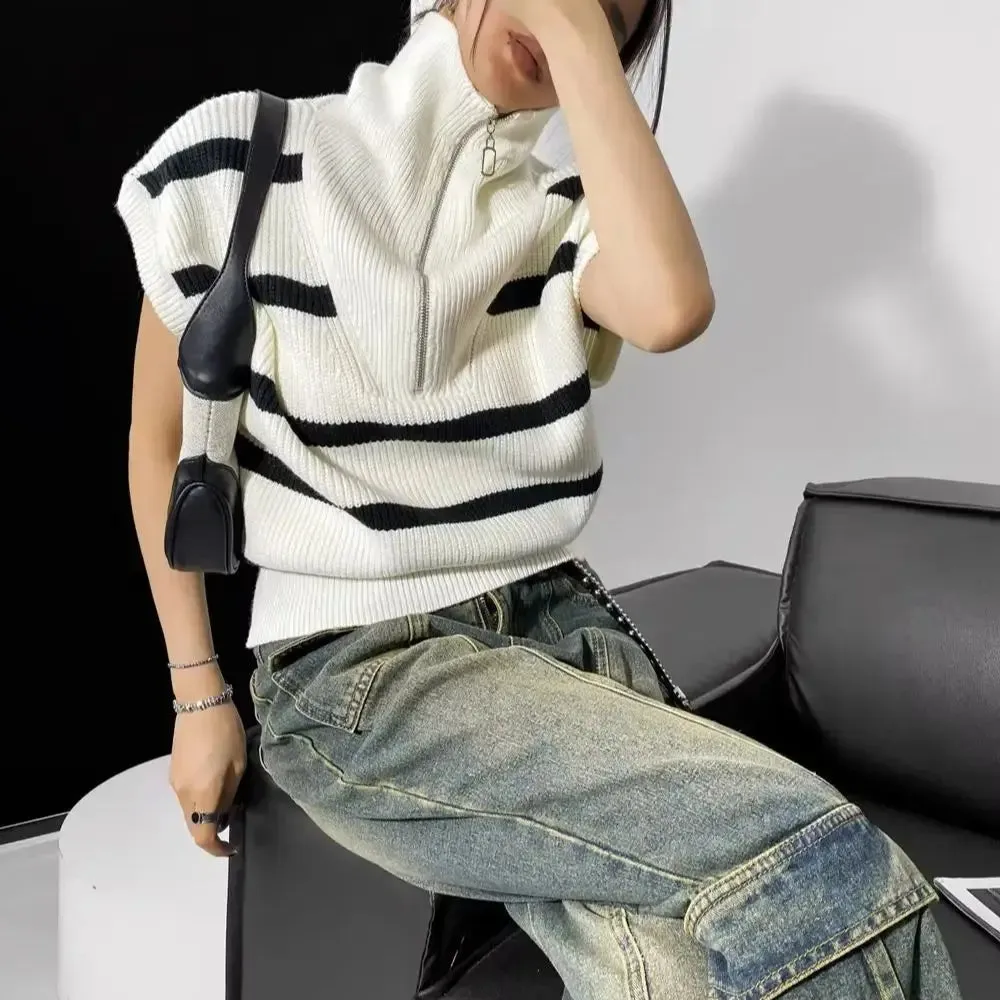 Omena Stripe Zipper Turtleneck Sleeveless Knit Tops