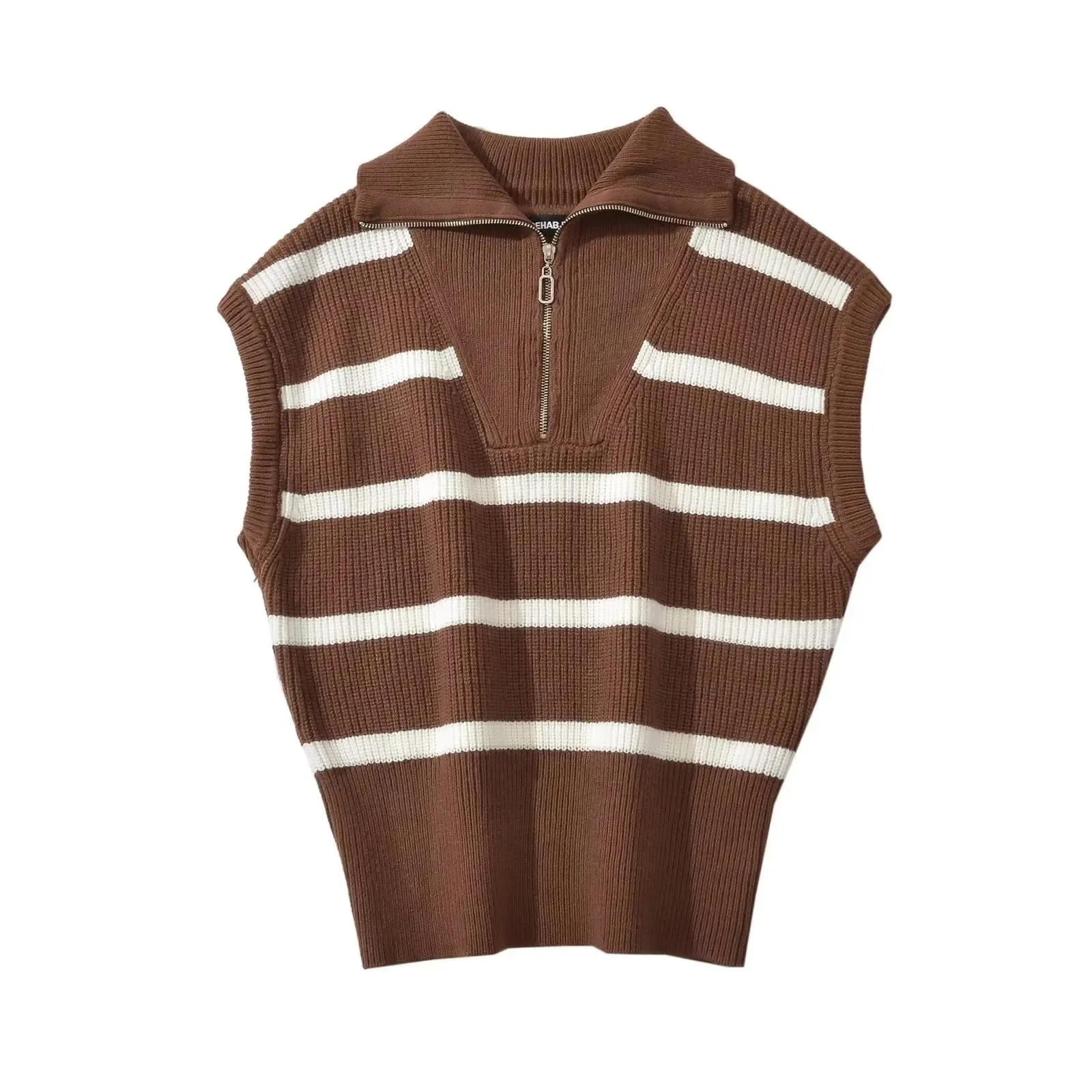 Omena Stripe Zipper Turtleneck Sleeveless Knit Tops