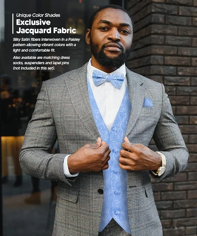 Vittorio Farina Men's Woven Paisley Vest, Necktie, Bow Tie and Pocket Square Set (White Back)