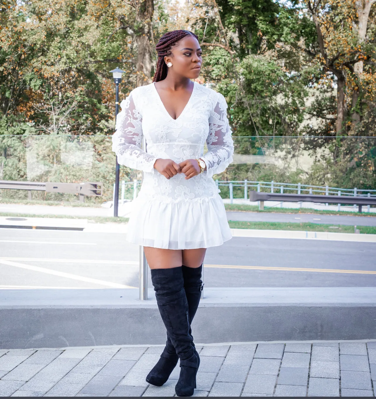 White Lace Frill Long Sleeve Dress